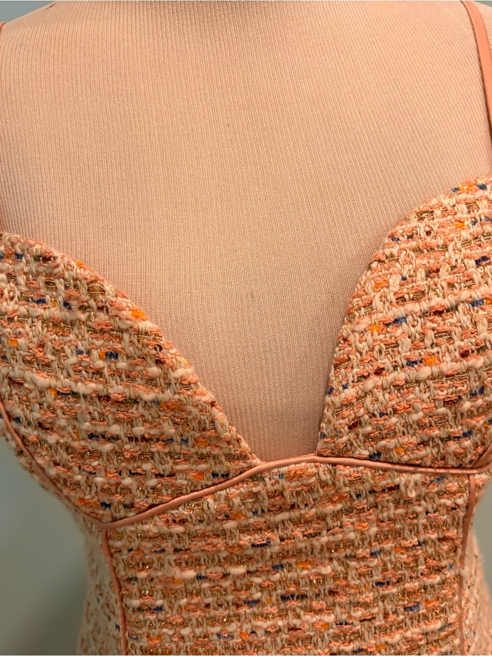 For Love And Lemons Cream Tweed Spaghetti-Strap Mini Dress with Gold Threading - Picture 2 of 6